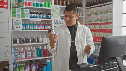 Fototapeta premium Hispanic pharmacist examines medicine bottles in a well-stocked pharmacy