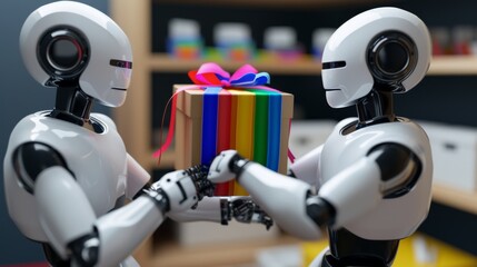 Fototapeta premium Two robots exchanging a wrapped gift in a colorful setting. The scene combines elements of technology and celebration, suitable for themes of AI, robotics, and human-like interactions in a futuristic