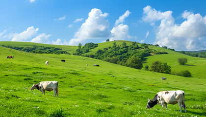 view of nice green hill with cows on blue sky background, summer day