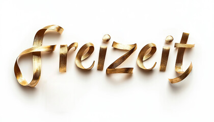 word "Freizeit" crafted in golden ribbon-like letters with a smooth, reflective surface, against a clean white background, elegant luxurious design