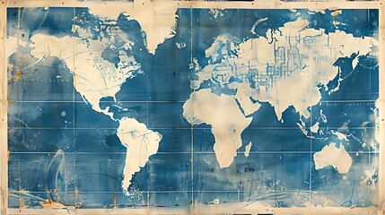 Cyanotype print of world map, blue abstract world map, abstract landscape 