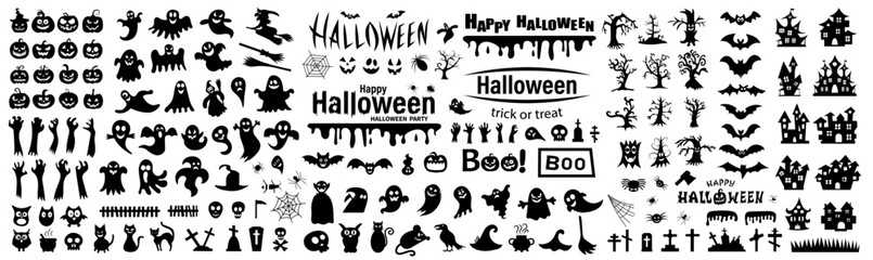 Big set of silhouettes of Halloween on a white background. Vector illustration.