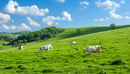 view of nice green hill with cows on blue sky background, summer day