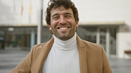 Naklejka premium Smiling bearded man in a casual coat posing confidently outdoors with a blurred city background.