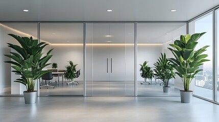 Bright modern office interior, frosted glass partition, aluminum frame doors, clean minimalist design, natural light, transparent meeting room, green indoor plants.