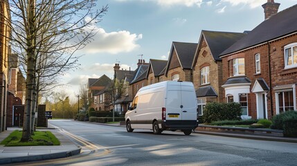 A white van driving down a residential street.