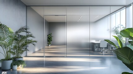 Bright modern office interior, frosted glass partition, aluminum frame doors, clean minimalist design, natural light, transparent meeting room, green indoor plants.