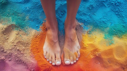 A close-up shot of bare feet standing on brightly colored sand, creating a vivid, playful atmosphere. The feet are positioned centrally, surrounded by a mix of blue, yellow, red, and orange hues
