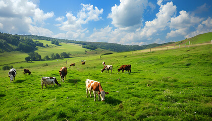 Fototapeta premium view of nice green hill with cows on blue sky background, summer day