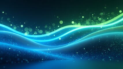 Obraz premium Futuristic Neon Blue and Green Waves with Glowing Particles on Dark Backdrop