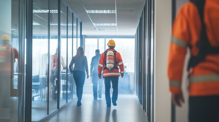 Fire safety training session with professionals wearing protective gear and guiding employees through smoke-filled office hallway
