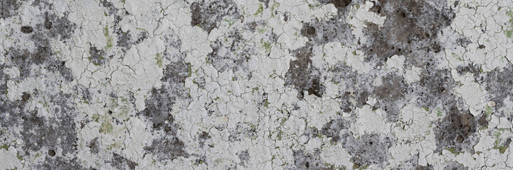 Peeling paint on the wall. Panorama of a concrete wall with old cracked flaking paint. Weathered...