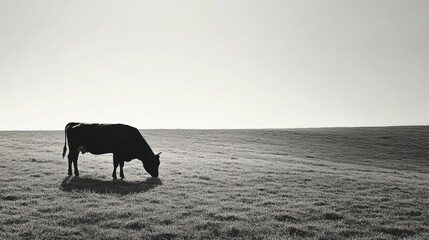 A single cow grazing in an empty pasture, with sharp contrasts in lighting creating a simple yet striking scene.