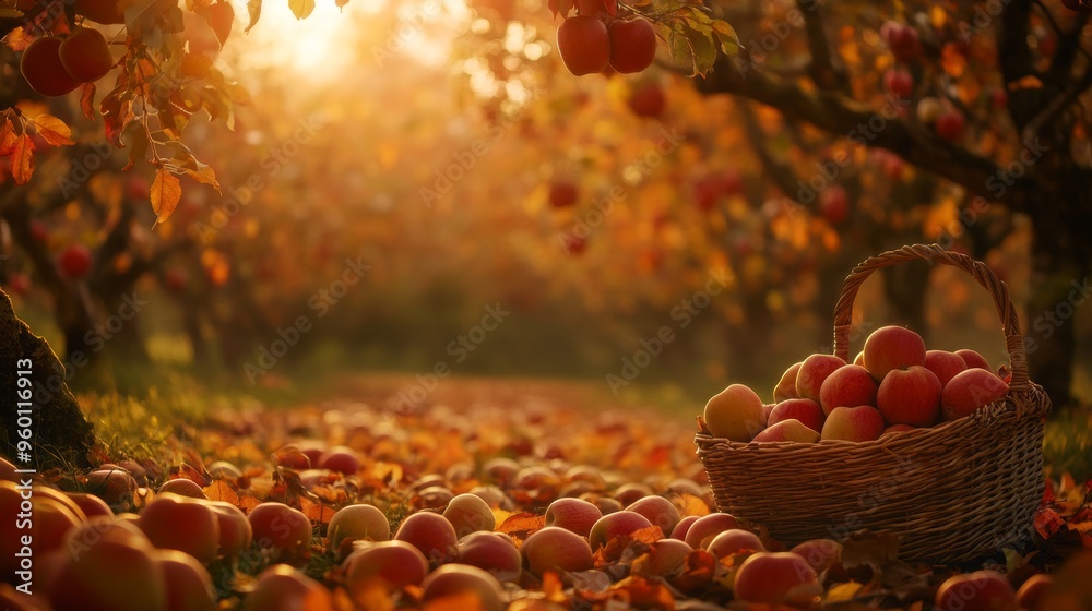 Sticker a charming apple orchard scene in the late afternoon, where the golden light of the setting sun crea