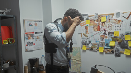 A stressed hispanic man with a beard stands in a detective's office surrounded by investigation...
