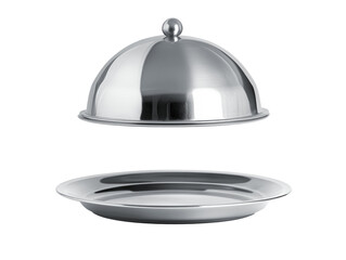 Silver serving cloche raised above empty golden plate, cut ouT.