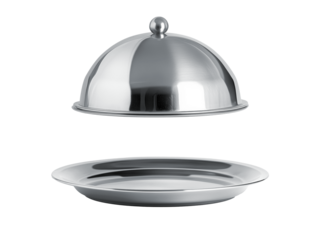 Silver serving cloche raised above empty golden plate, cut ouT.