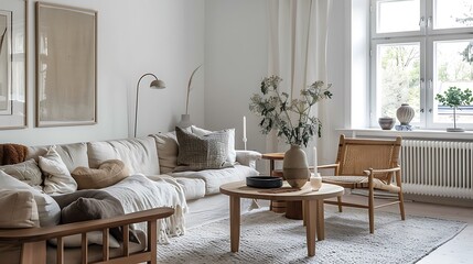Scandinavian living room with cozy textiles and light wood furniture 