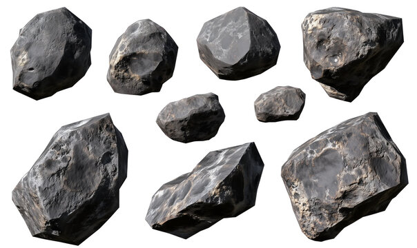 Set di rocce irregolari e realistiche, rappresentate in diverse angolazioni, perfette per scenari naturali o spaziali. Cut out