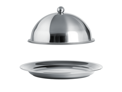 Silver serving cloche raised above empty golden plate, cut ouT.