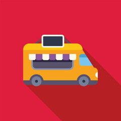 Yellow food truck offering street food with big blank signboard on red background