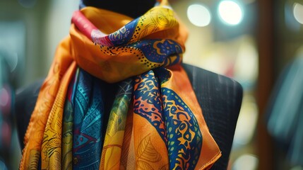 A colorful patterned silk scarf draped on a mannequin.