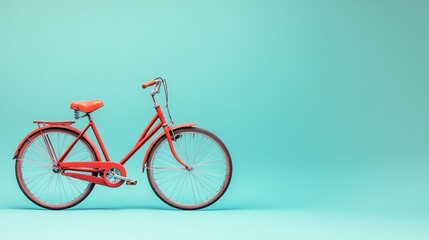 Fototapeta premium A bright orange bicycle stands against a turquoise background, symbolizing leisure and fun.