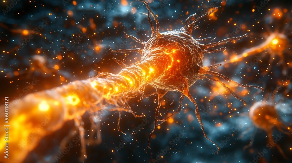 Wall mural closeup of an optogenetic experiment with neurons being stimulated by targeted light pulses