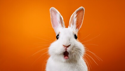Portrait of a white cute rabbit with surprised expression on a orange background