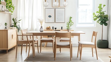 Scandinavian-inspired dining room with light wood furniture 