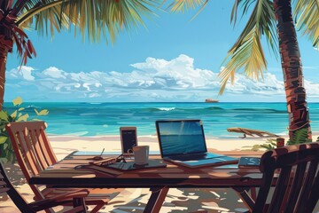Remote work setup on a tropical beach, with a laptop, coffee, and ocean view, ideal for digital nomads. Free copy space for text.
