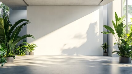 Fototapeta premium Minimalist interior with pure white wall, tropical plants on sides, polished concrete floor, natural sunlight, shadow play, modern architectural design, empty space.