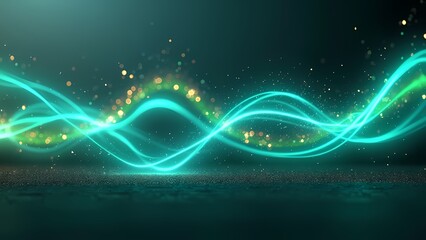 Fluid Glowing Aqua and Green Light Lines with Sparkling Particles