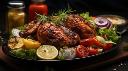 Salade De Poulet Grill&eacute; On Dark Blurry Background