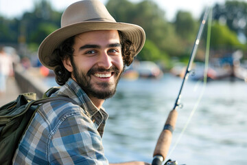 Obraz premium Smiling man enjoying a relaxing day of fishing by the water, holding a fishing rod with joy.