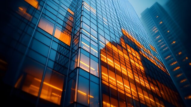 Modern glass skyscraper at dusk, tilt-shift photography, shallow depth of field, warm orange interior lights, cool blue exterior reflections, geometric patterns of windows.