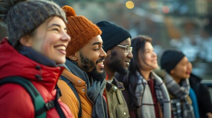 Fototapeta premium Five friends stand together wearing warm clothing.