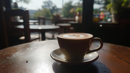 Fototapeta premium A cup of coffee placed on a white saucer, set upon a wooden table inside a restaurant.