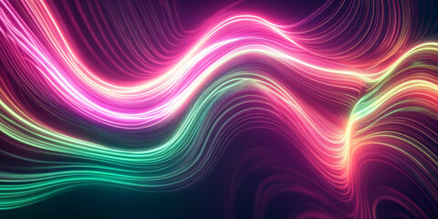 Obraz premium A neon lighting background featuring neon pink and green lines forming an abstract, wave-like pattern, with light trails creating a sense of motion and energy.