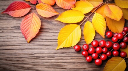 Colorful autumn maple leaves and rowan berries form a beautiful frame on a wooden table, offering ample space for adding creative text or designs related to fall