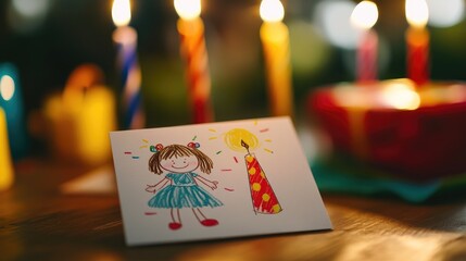 A child's drawing of a girl and a candle, set against colorful birthday candles.