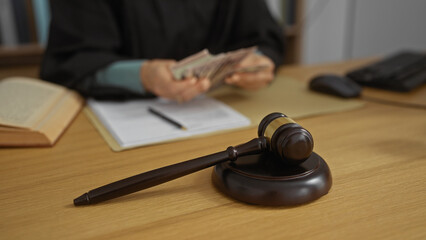 Woman counting money in a courtroom with a gavel on the table signifying legal proceedings