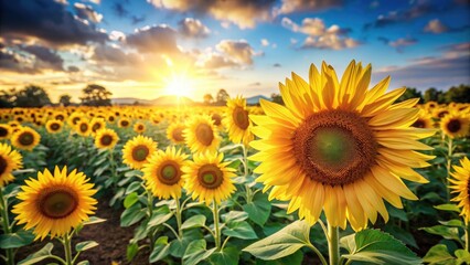 Fototapeta premium Field of bright yellow sunflowers facing the sun, sunflowers, field, bright, yellow, sun, nature, outdoors, agriculture, vibrant