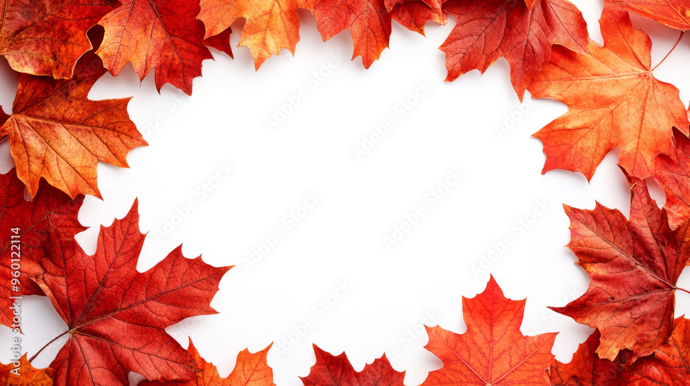 Wall mural autumn red and orange maple leaves arranged in a frame on a white background. flat lay composition w