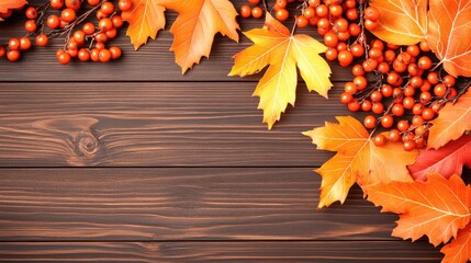 Colorful autumn maple leaves and rowan berries form a beautiful frame on a wooden table, offering ample space for adding creative text or designs related to fall