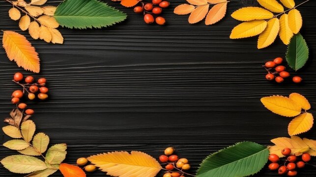 Colorful autumn maple leaves and rowan berries form a beautiful frame on a wooden table, offering ample space for adding creative text or designs related to fall