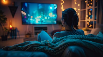 A serene home theater with plush seating, dim ambient lighting, and a large screen, featuring a close-up of a person enjoying a movie