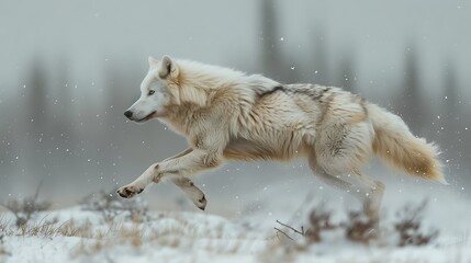 Obraz premium An Arctic wolf bounds across a snowy terrain, showcasing its powerful legs and sleek fur. Snowflakes dance around as it navigates the winter wilderness