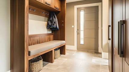 Stylish mudroom with built-in storage and a bench 
