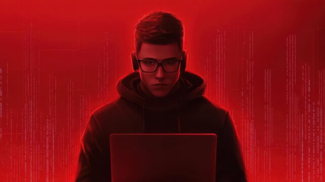 An elite hacker character with a futuristic laptop, surrounded by digital data lines, firewalls, and glowing binary code